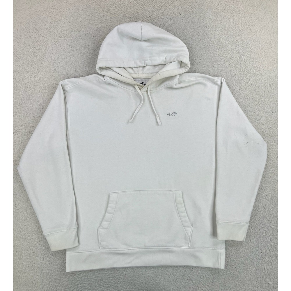 Hollister Hoodie Mens XL White Fleece Pullover Logo Kangaroo Pocket Sweatshirt